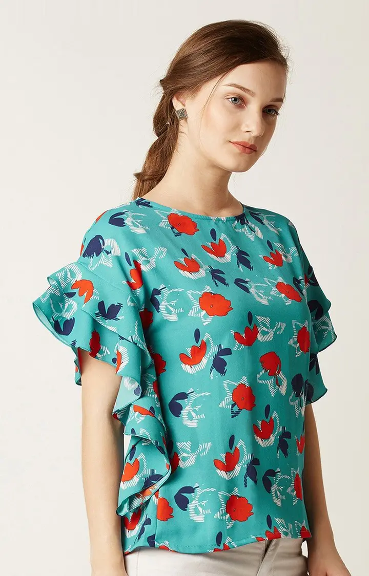 Women's Blue Crepe FloralCasualwear Tops