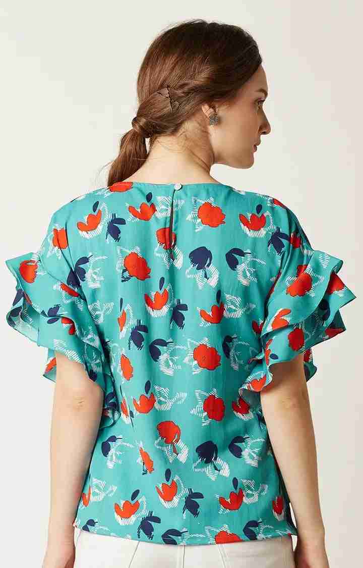 Women's Blue Crepe FloralCasualwear Tops