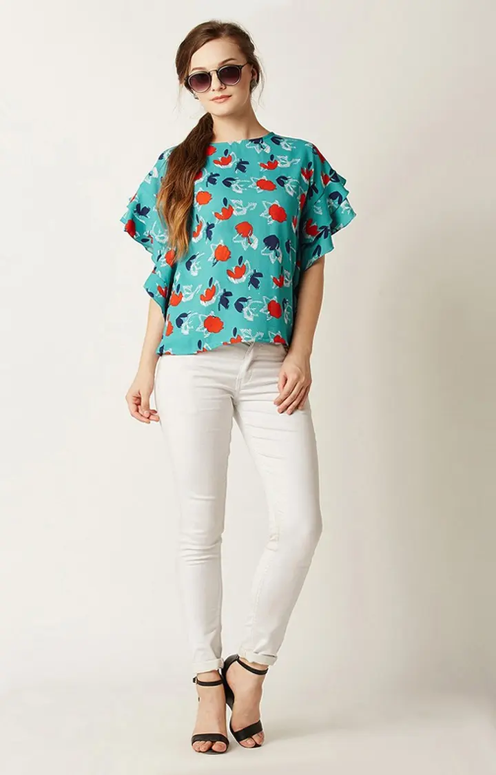 Women's Blue Crepe FloralCasualwear Tops