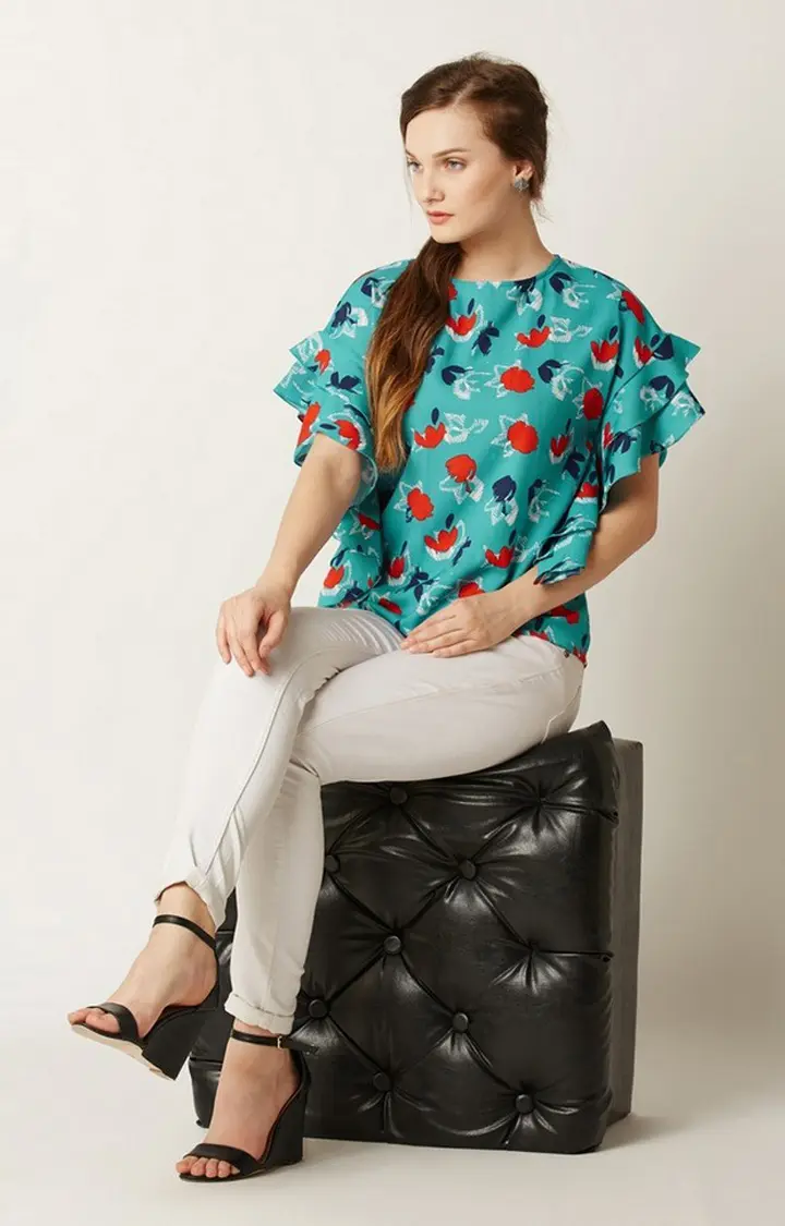 Women's Blue Crepe FloralCasualwear Tops