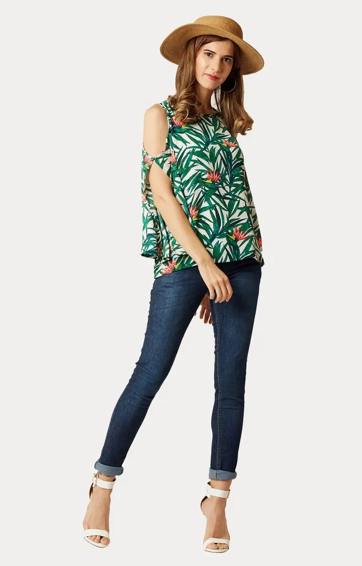 Women's Green Crepe PrintedCasualwear Tops