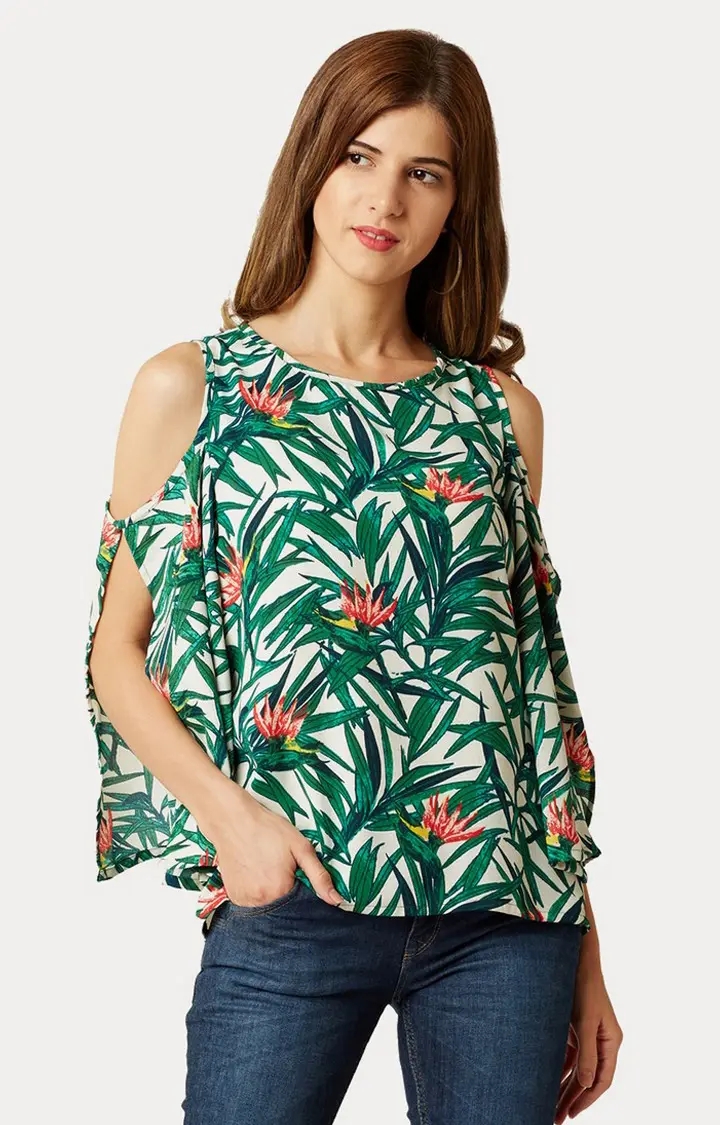 MISS CHASE | Women's Green Crepe PrintedCasualwear Tops