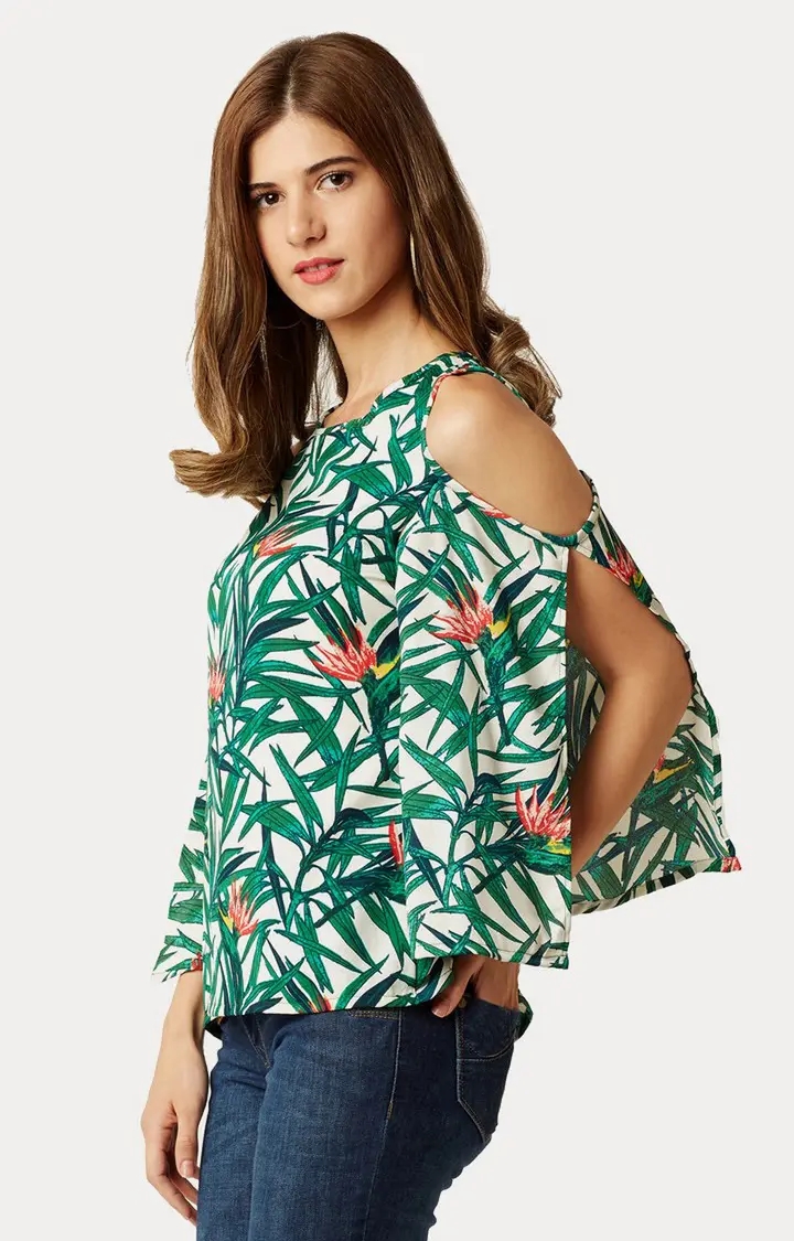 Women's Green Crepe PrintedCasualwear Tops