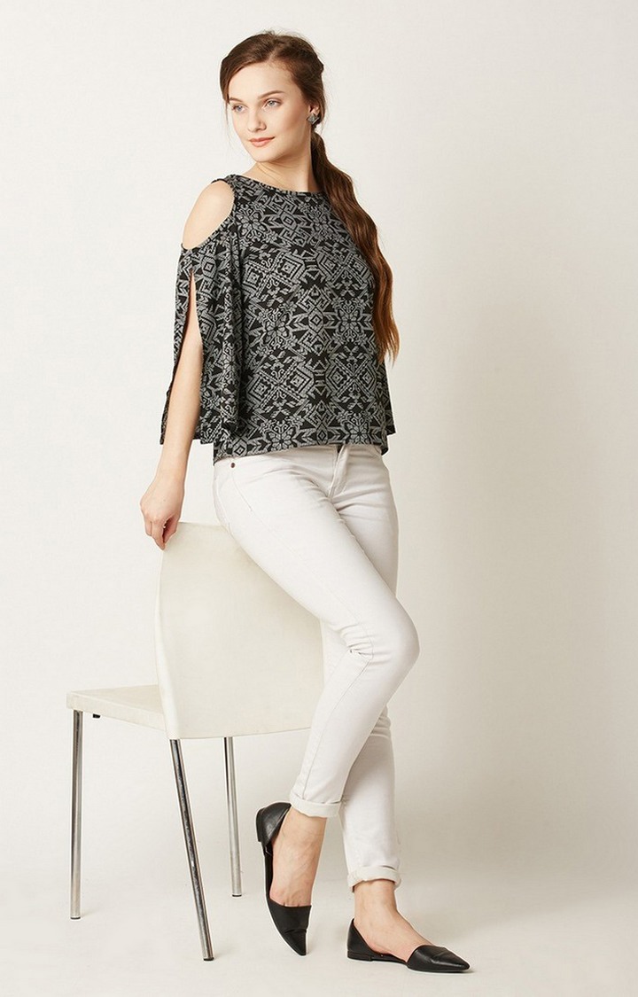 Women's Black Crepe PrintedCasualwear Tops