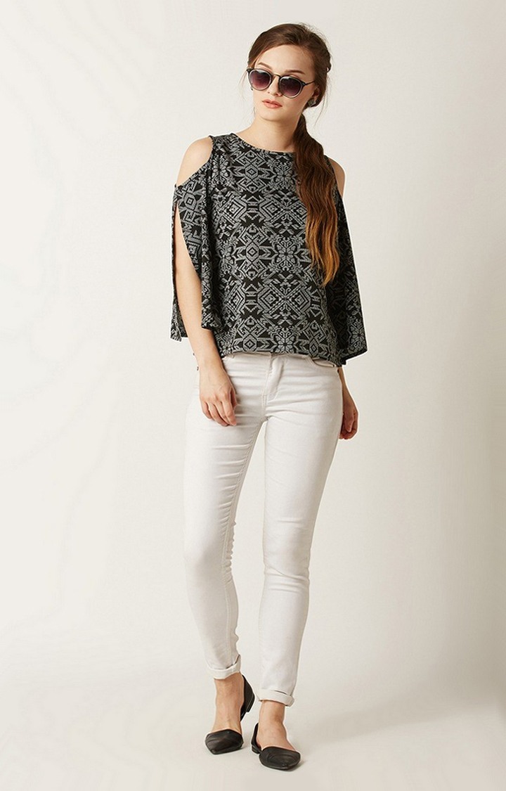 Women's Black Crepe PrintedCasualwear Tops