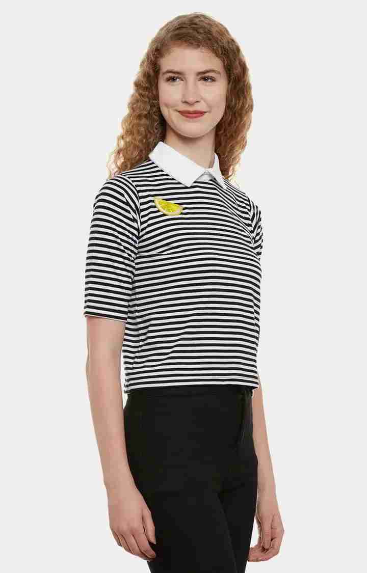 Women's Black Cotton StripedCasualwear Regular T-Shirts