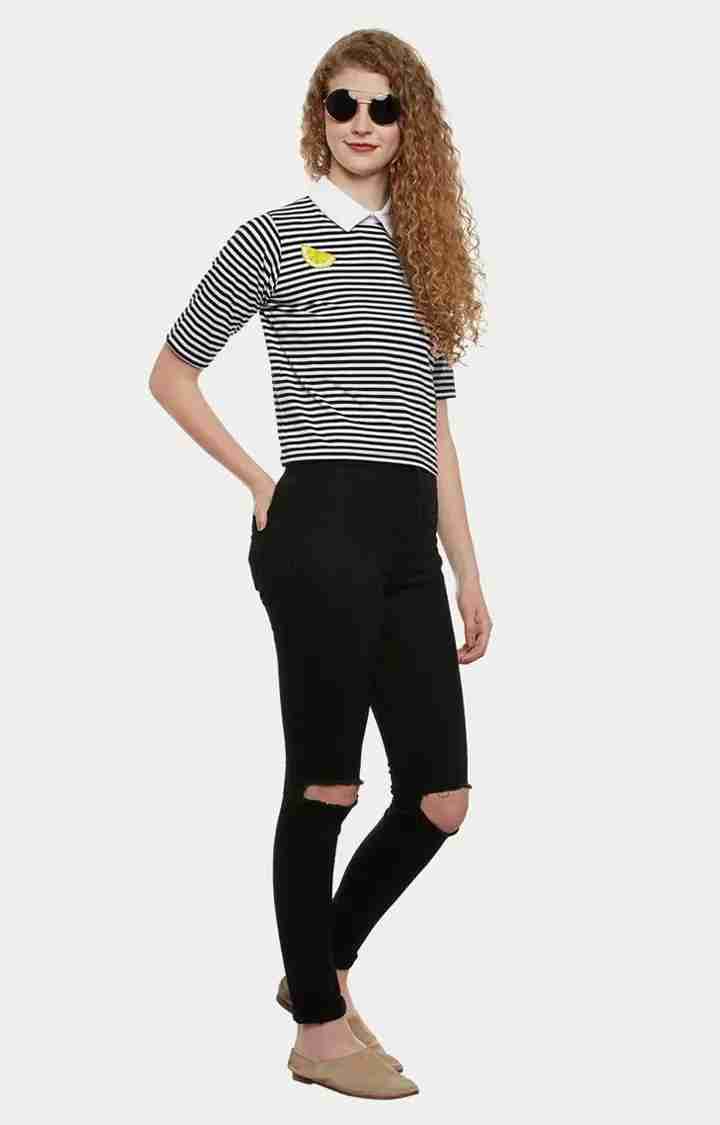 Women's Black Cotton StripedCasualwear Regular T-Shirts