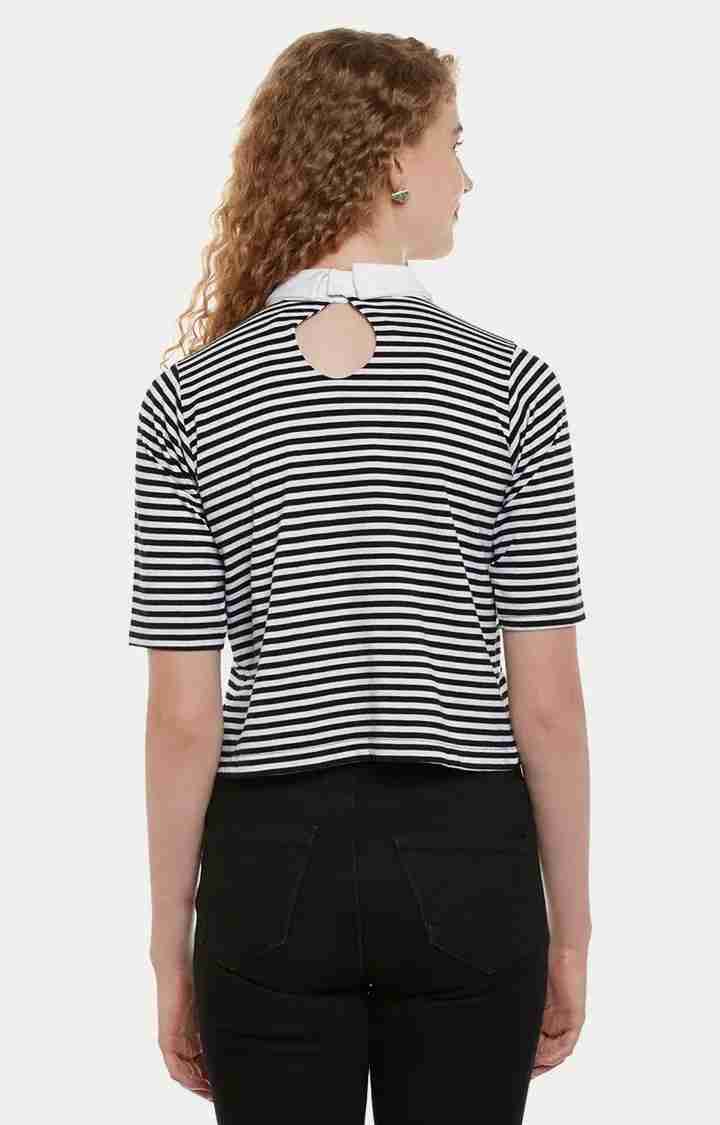 Women's Black Cotton StripedCasualwear Regular T-Shirts