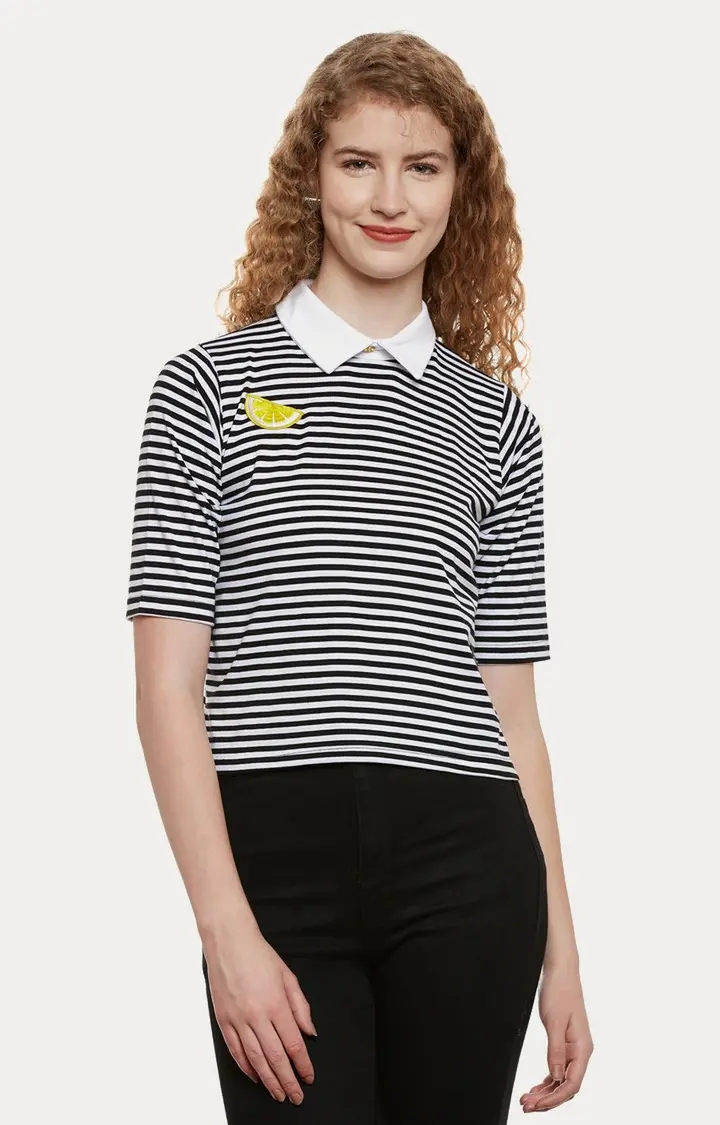 MISS CHASE | Women's Black Cotton StripedCasualwear Regular T-Shirts