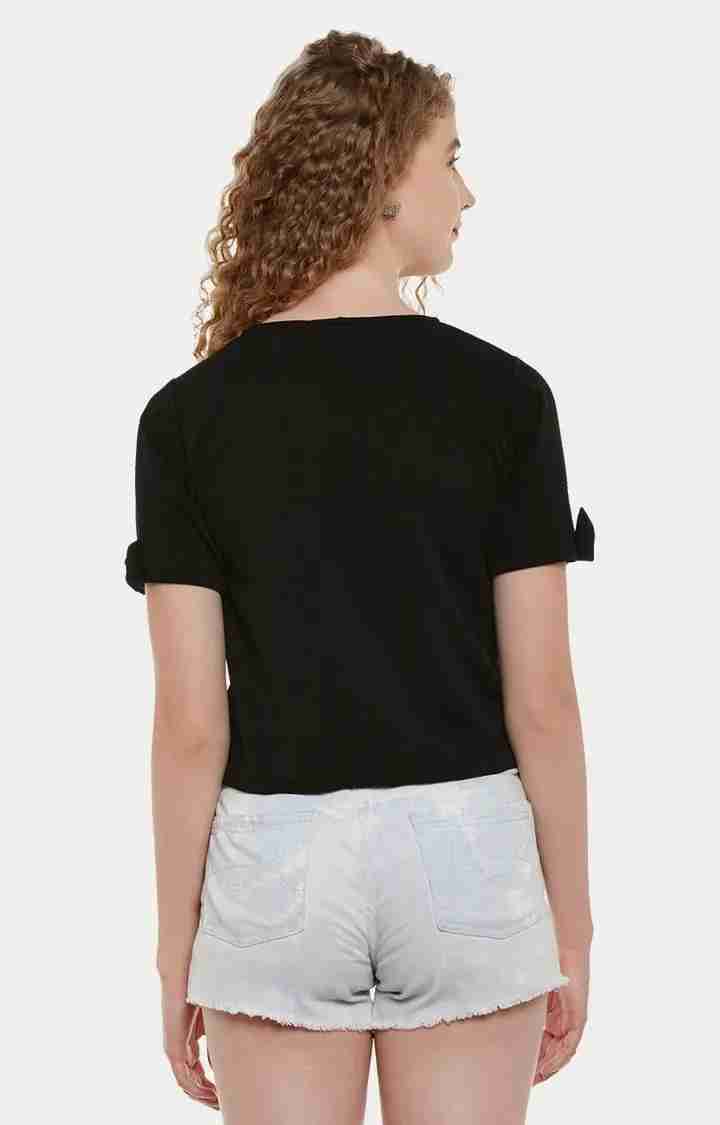 Women's Black Polyester SolidCasualwear Crop T-Shirts