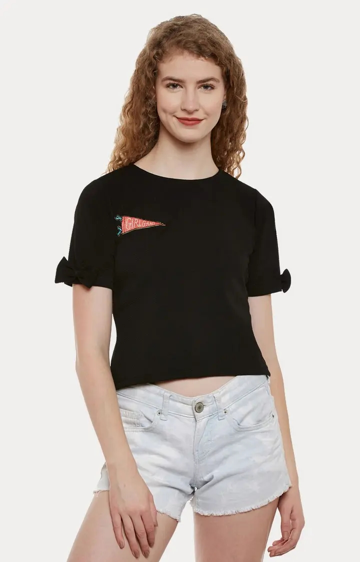 MISS CHASE | Women's Black Polyester SolidCasualwear Crop T-Shirts