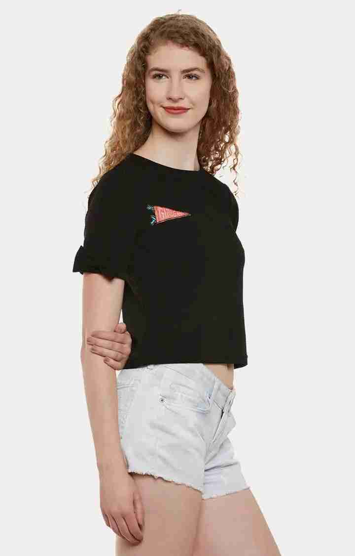 Women's Black Polyester SolidCasualwear Crop T-Shirts