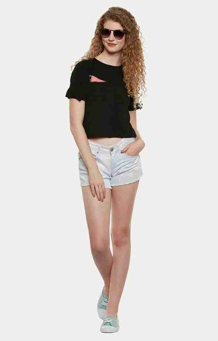 Women's Black Polyester SolidCasualwear Crop T-Shirts