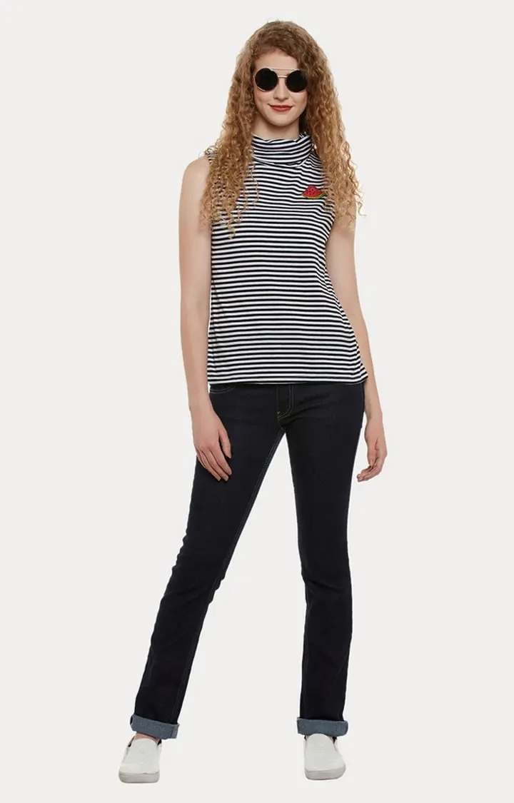 Women's Black Cotton StripedCasualwear Tops