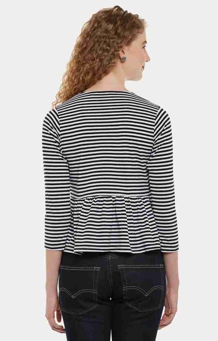 Women's Black Cotton StripedCasualwear Peplum Top