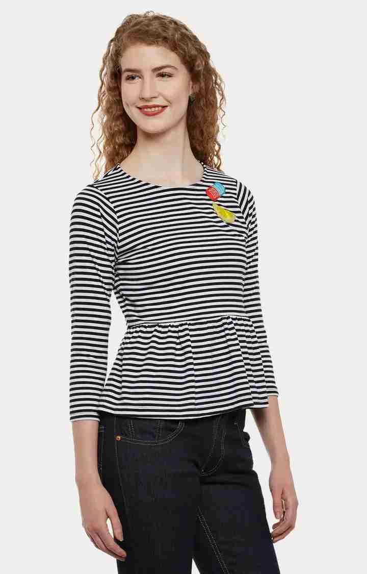 Women's Black Cotton StripedCasualwear Peplum Top