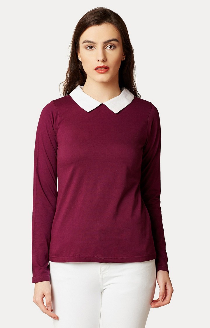 MISS CHASE | Women's Purple Cotton SolidCasualwear Regular T-Shirts