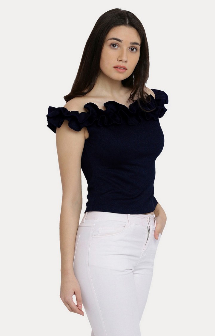 Women's Blue Polyester SolidCasualwear Off Shoulder Top