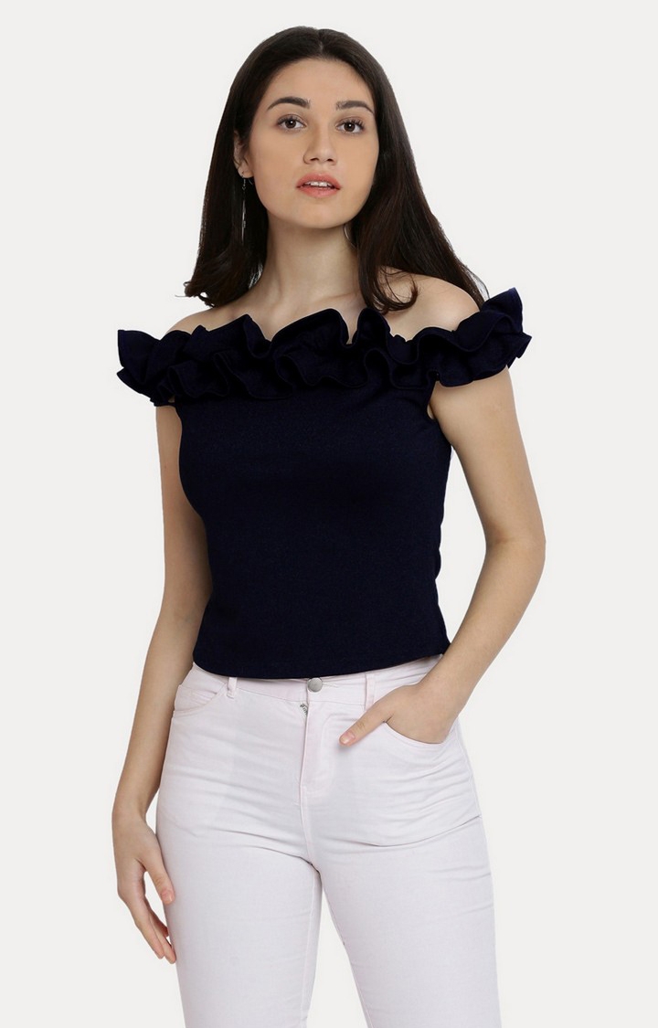 MISS CHASE | Women's Blue Polyester SolidCasualwear Off Shoulder Top