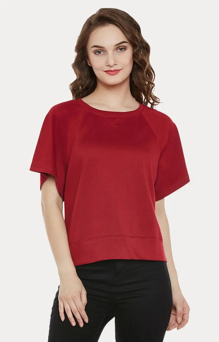 MISS CHASE | Women's Red Cotton SolidCasualwear Tops