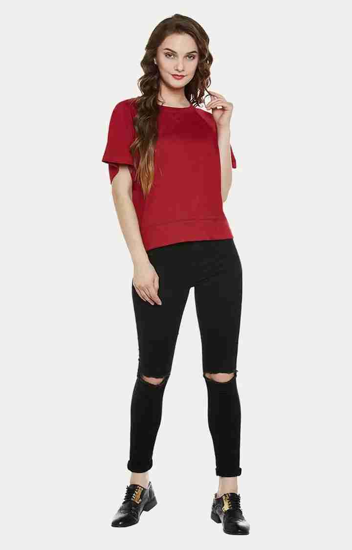 Women's Red Cotton SolidCasualwear Tops