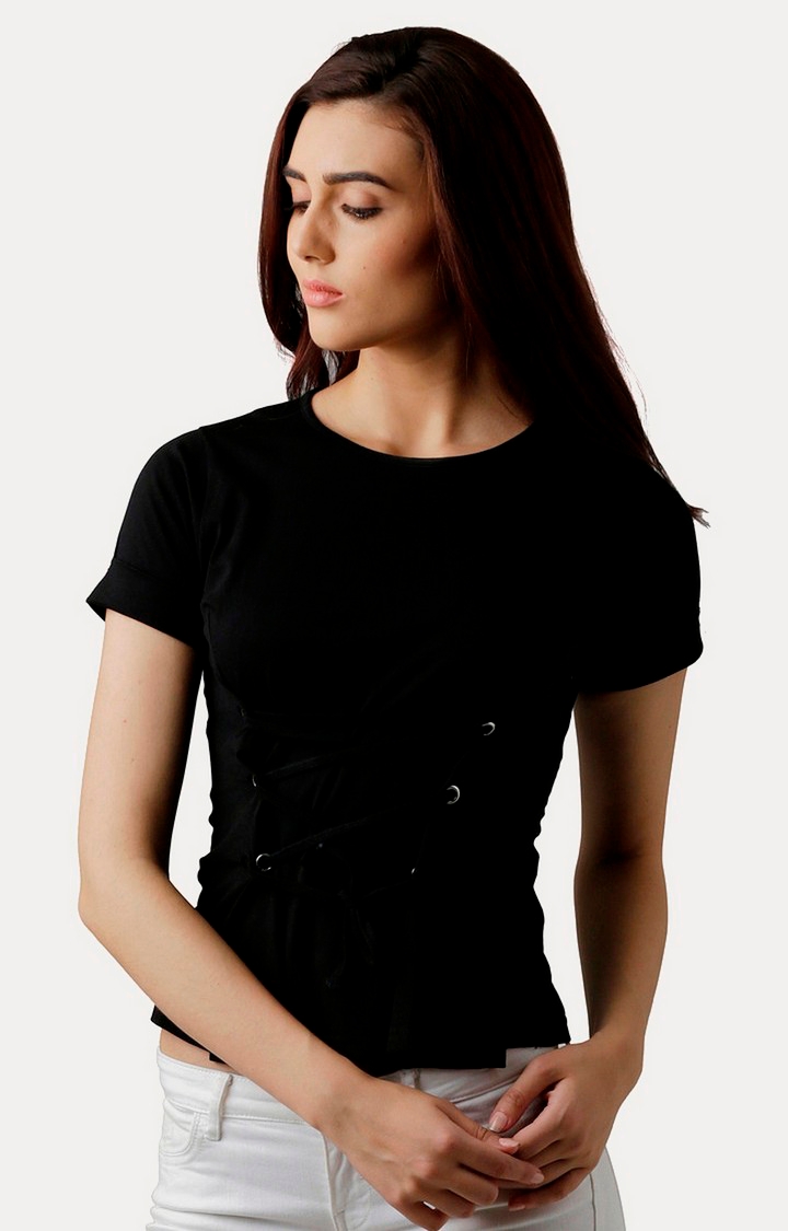 MISS CHASE | Women's Black Cotton SolidCasualwear Regular T-Shirts