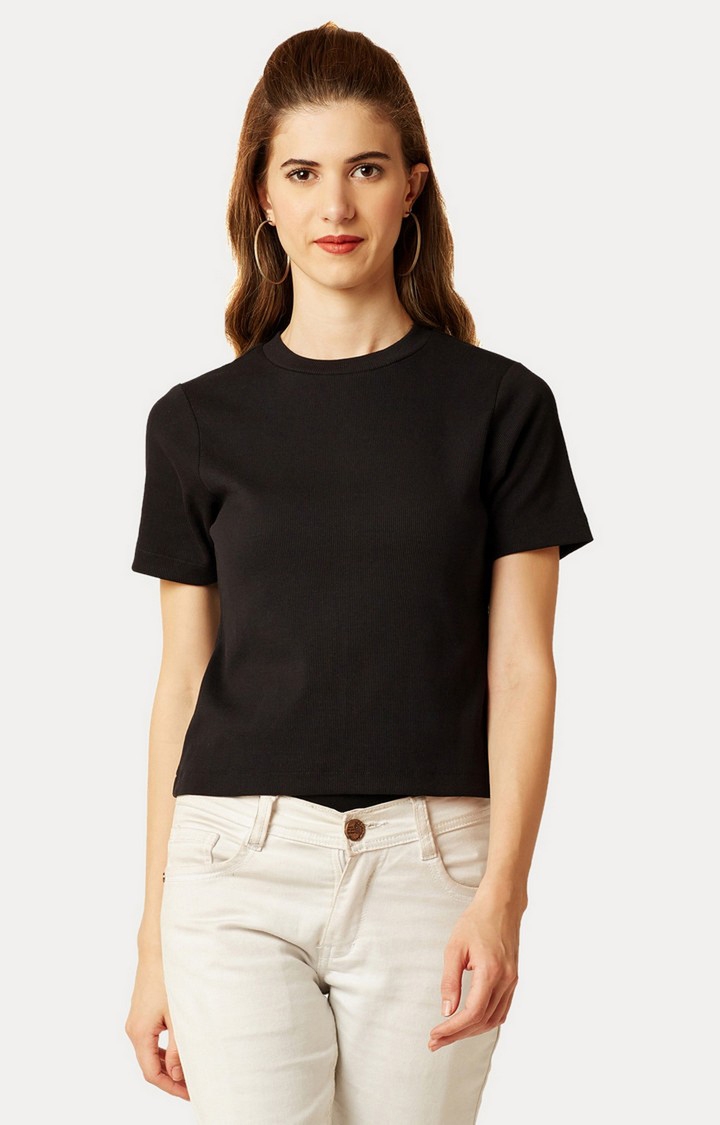 MISS CHASE | Women's Black Solid Regular T-Shirts