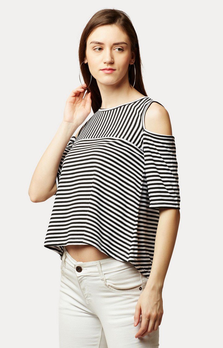 Women's Black Cotton StripedCasualwear Tops