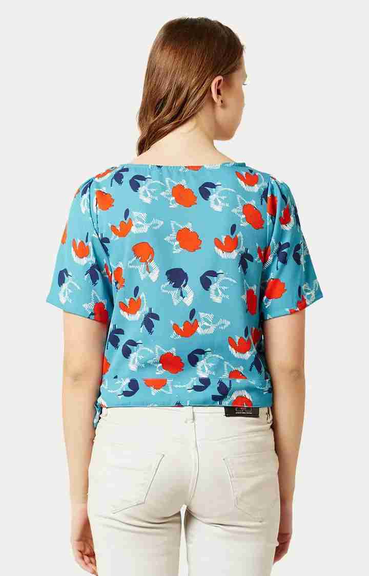 Women's Blue Crepe PrintedCasualwear Tops