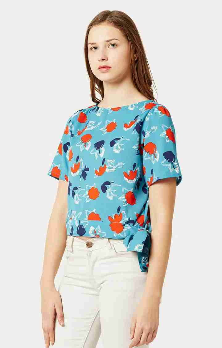 Women's Blue Crepe PrintedCasualwear Tops