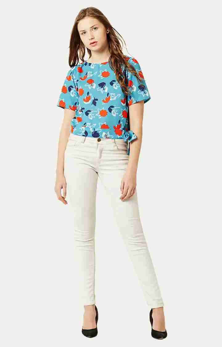 Women's Blue Crepe PrintedCasualwear Tops