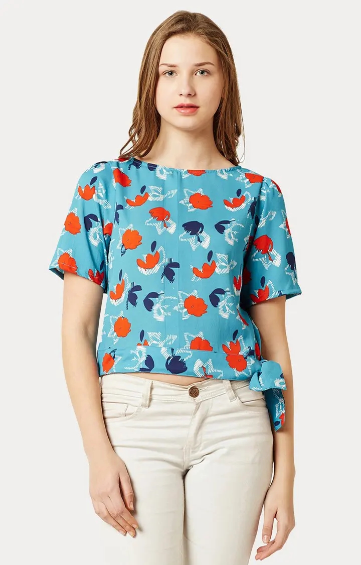 MISS CHASE | Women's Blue Crepe PrintedCasualwear Tops