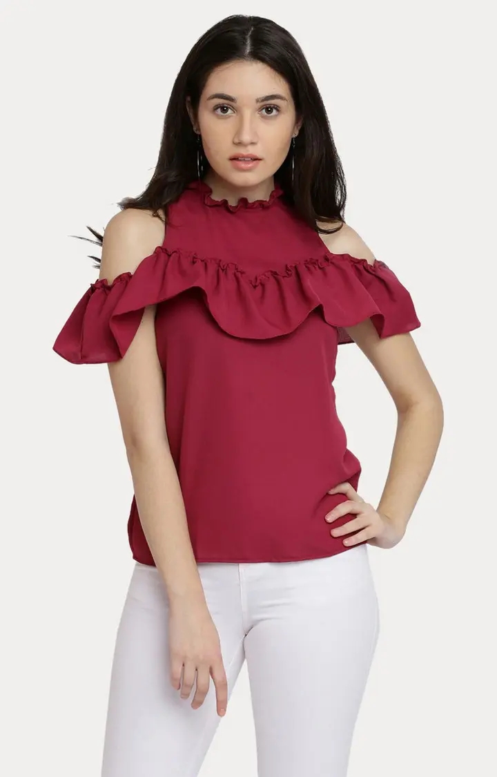 Women's Red Crepe SolidCasualwear Tops