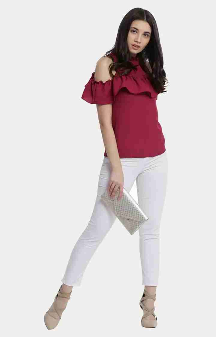 Women's Red Crepe SolidCasualwear Tops