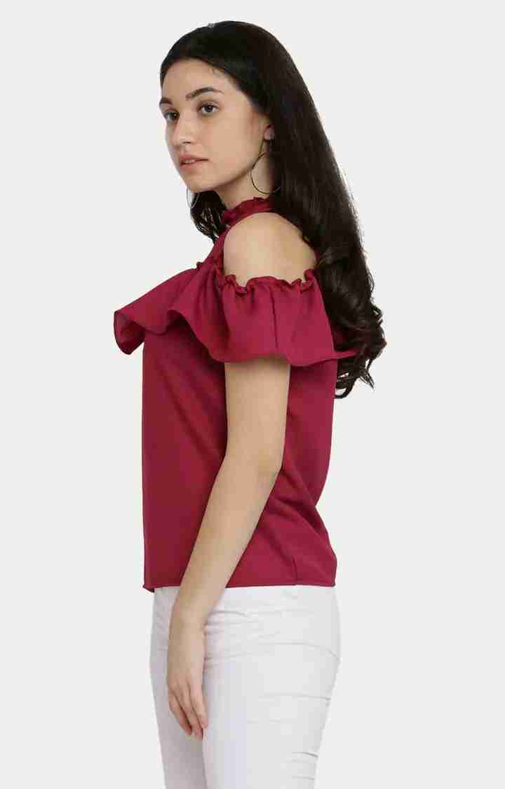 Women's Red Crepe SolidCasualwear Tops