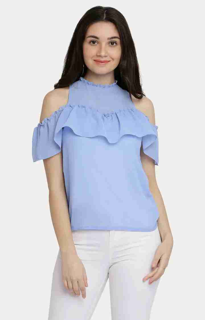 MISS CHASE | Women's Blue Georgette SolidCasualwear Tops