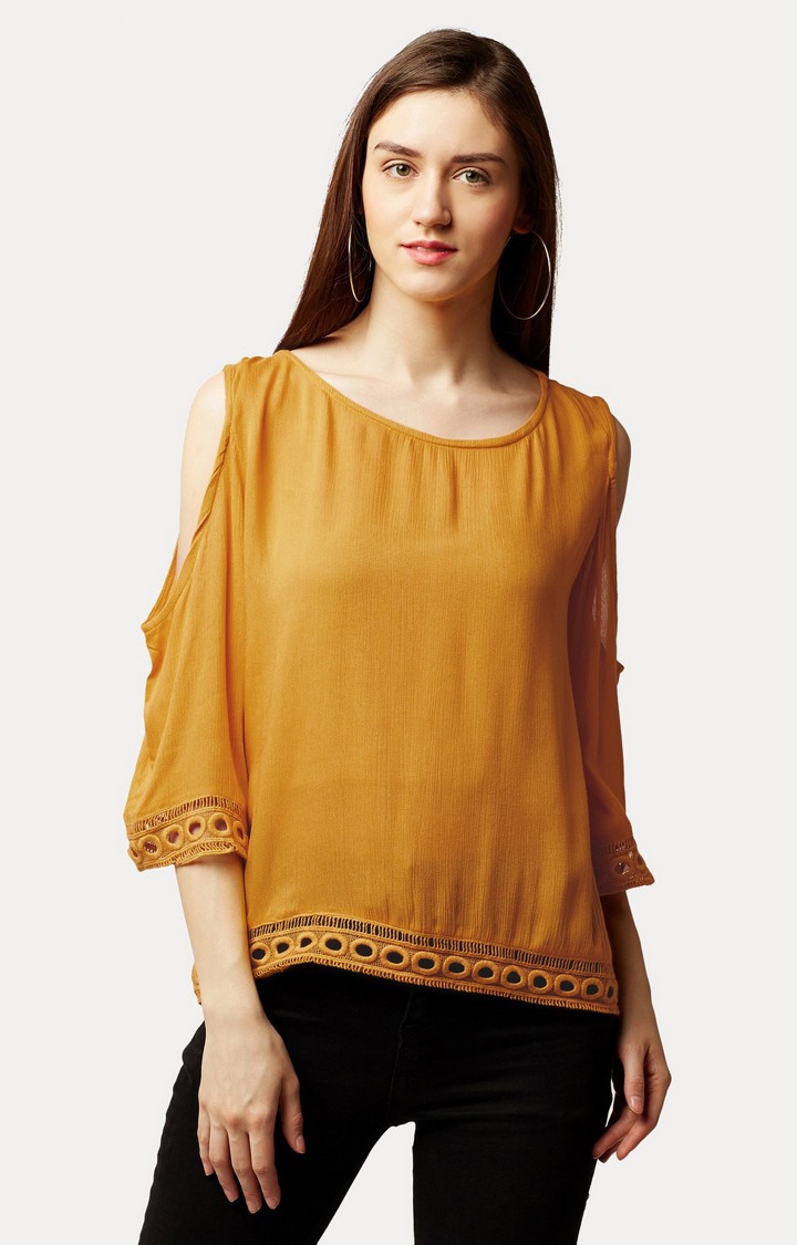 MISS CHASE | Women's Yellow Rayon SolidCasualwear Tops