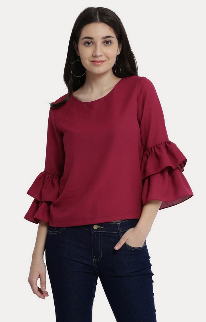 MISS CHASE | Women's Red Crepe SolidCasualwear Tops