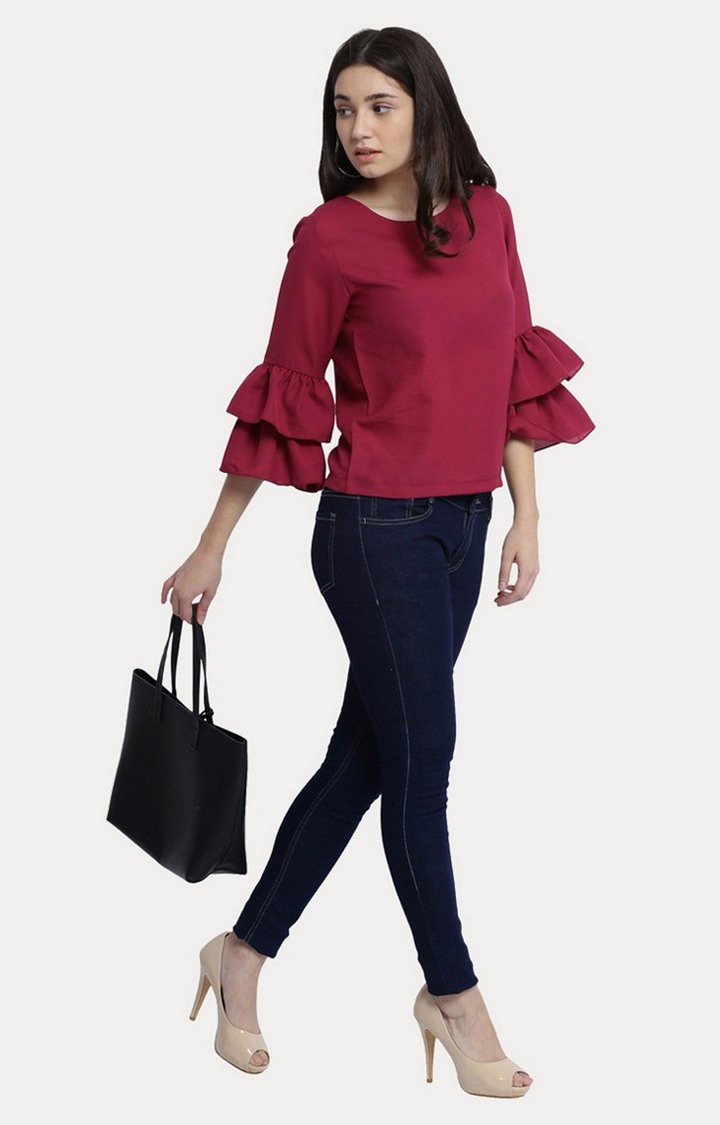 Women's Red Crepe SolidCasualwear Tops