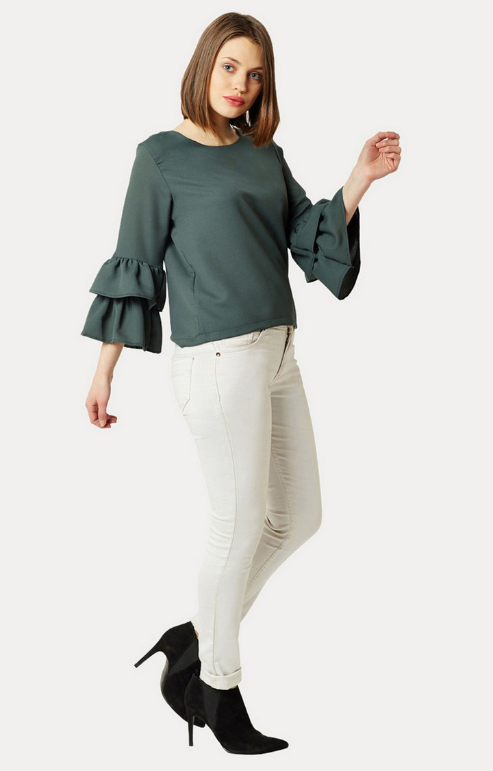 Women's Green Crepe SolidCasualwear Tops