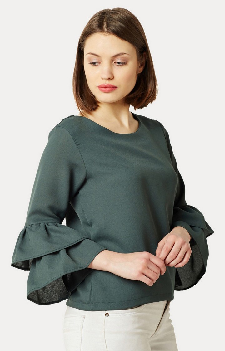 Women's Green Crepe SolidCasualwear Tops