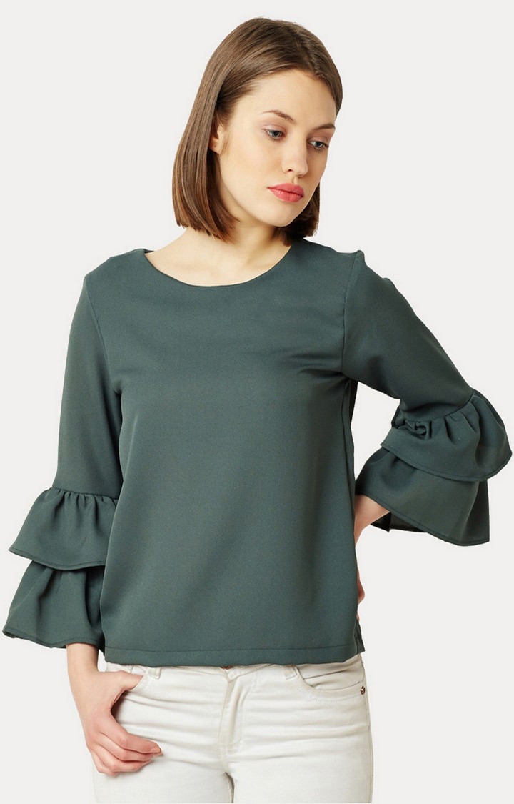 MISS CHASE | Women's Green Crepe SolidCasualwear Tops