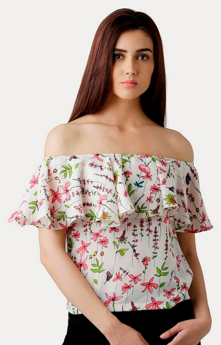 MISS CHASE | Women's Multi Crepe FloralCasualwear Off Shoulder Top