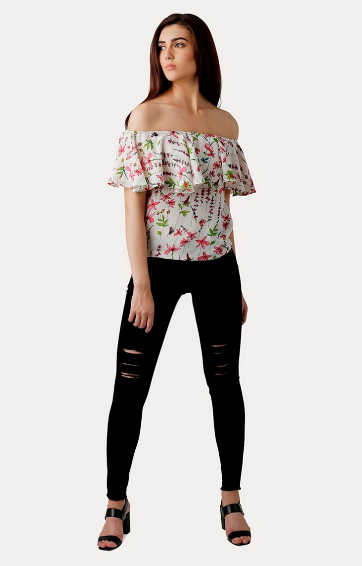 Women's Multi Crepe FloralCasualwear Off Shoulder Top