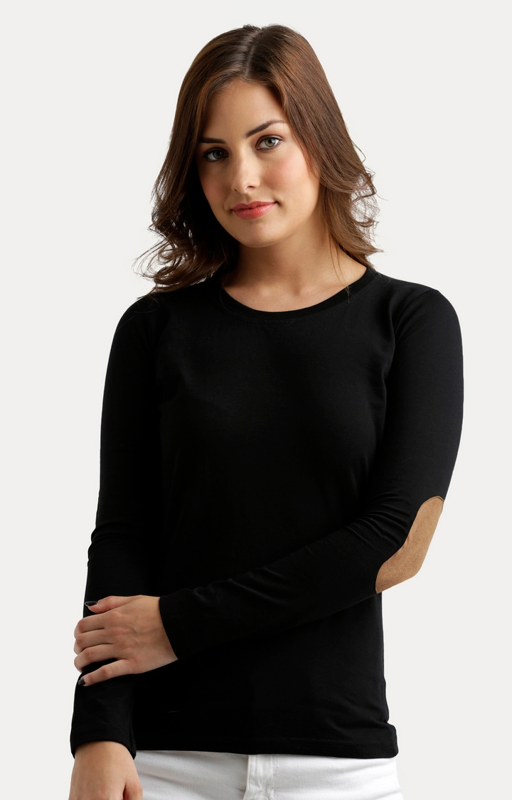 MISS CHASE | Women's Black Cotton SolidCasualwear Regular T-Shirts