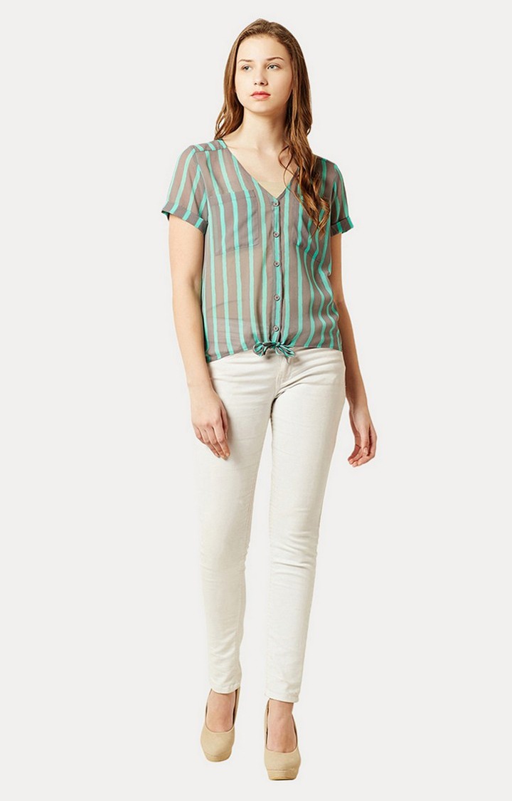 Women's Green Georgette StripedCasualwear Casual Shirts