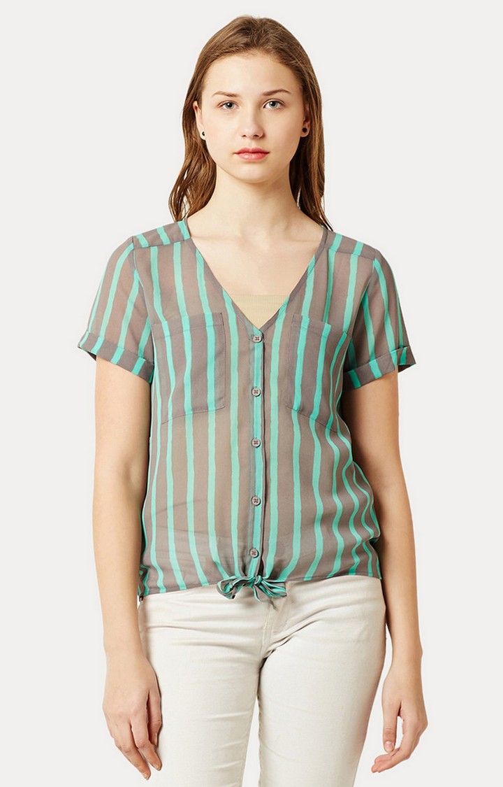 MISS CHASE | Women's Green Georgette StripedCasualwear Casual Shirts