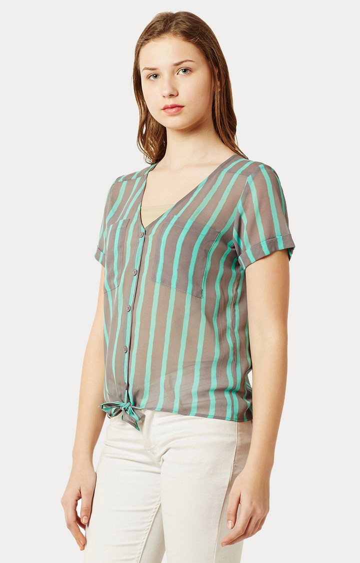 Women's Green Georgette StripedCasualwear Casual Shirts