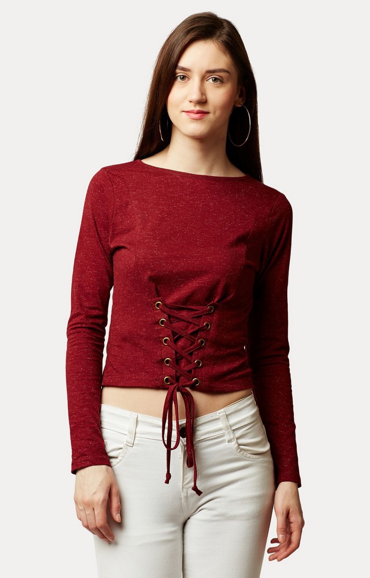 MISS CHASE | Women's Red Cotton MelangeCasualwear Regular T-Shirts