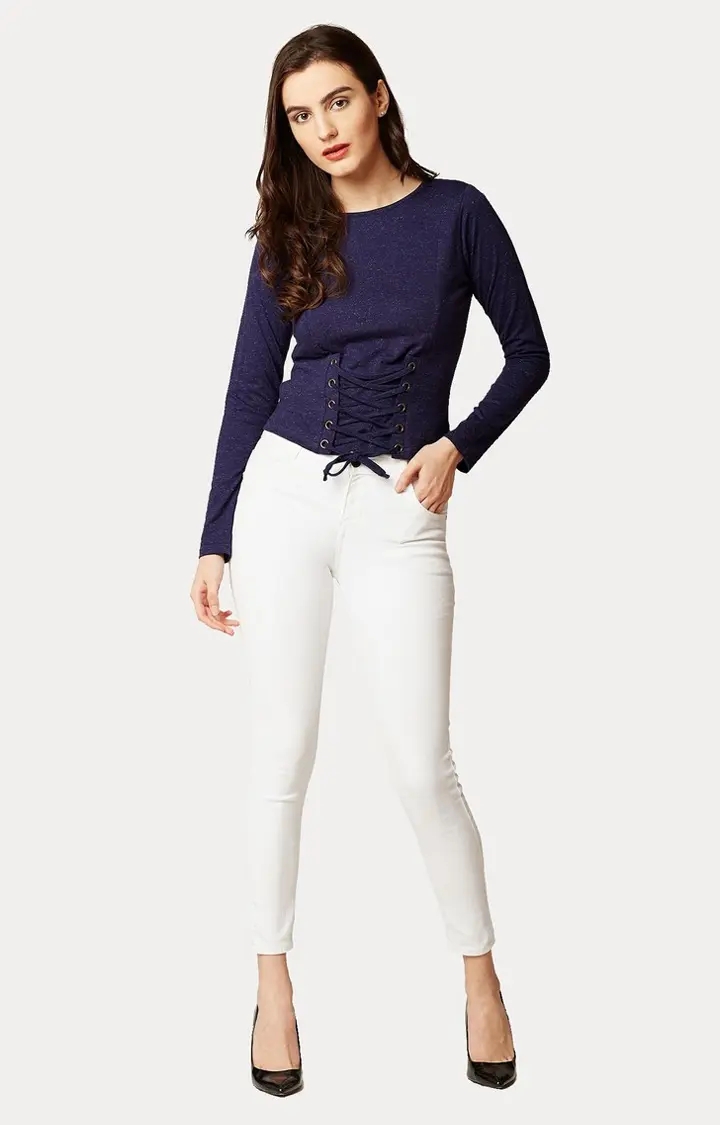 Women's Blue Cotton MelangeCasualwear Tops